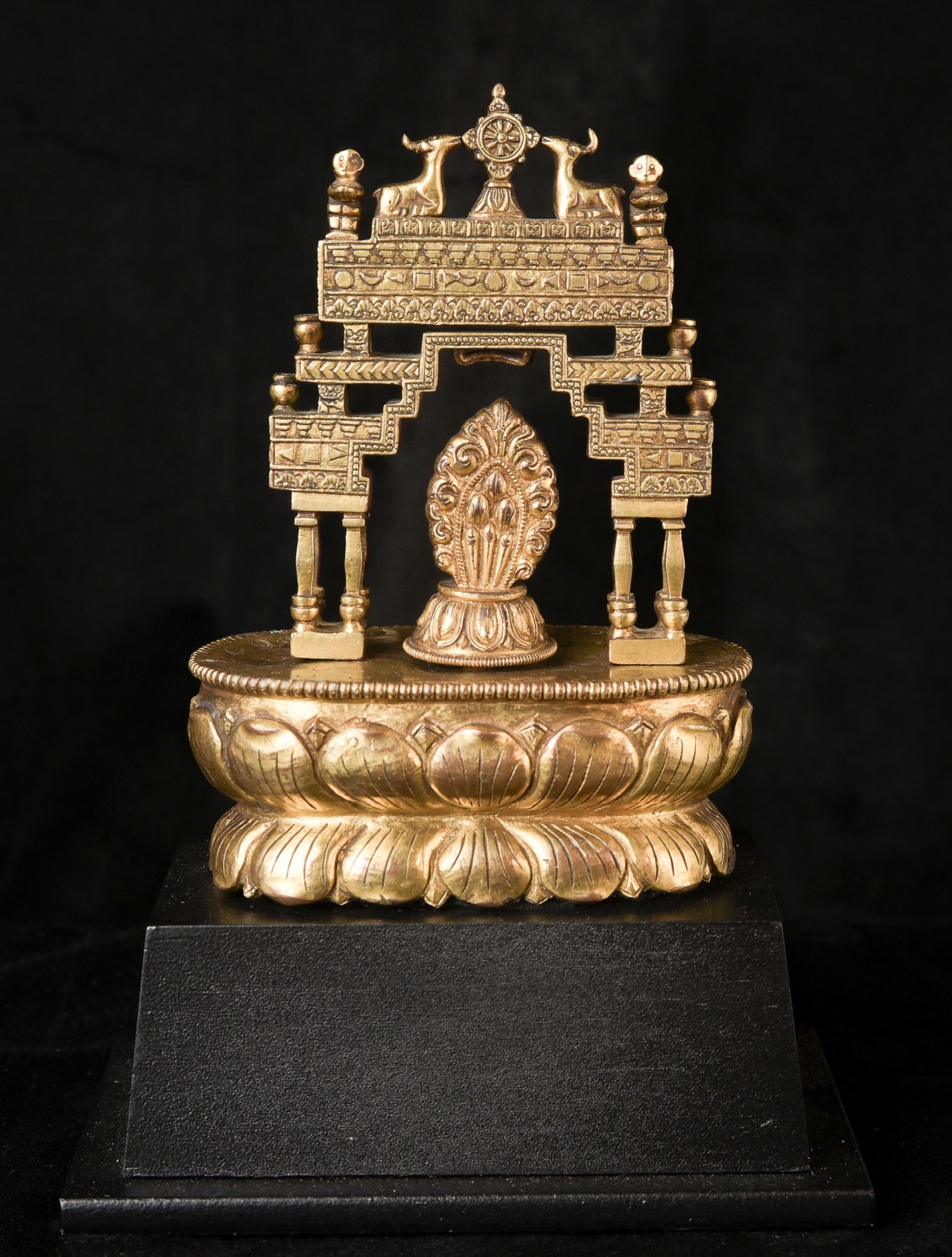 RARE 18thC Chinese Gilded Copper 3D Portal: Rare 18/19thC or earlier Chinese or Tibetan gilded copper three-dimensional entryway/portal (one of four)--one on each side--to a huge three-dimensional Mandala that would have been made up of
