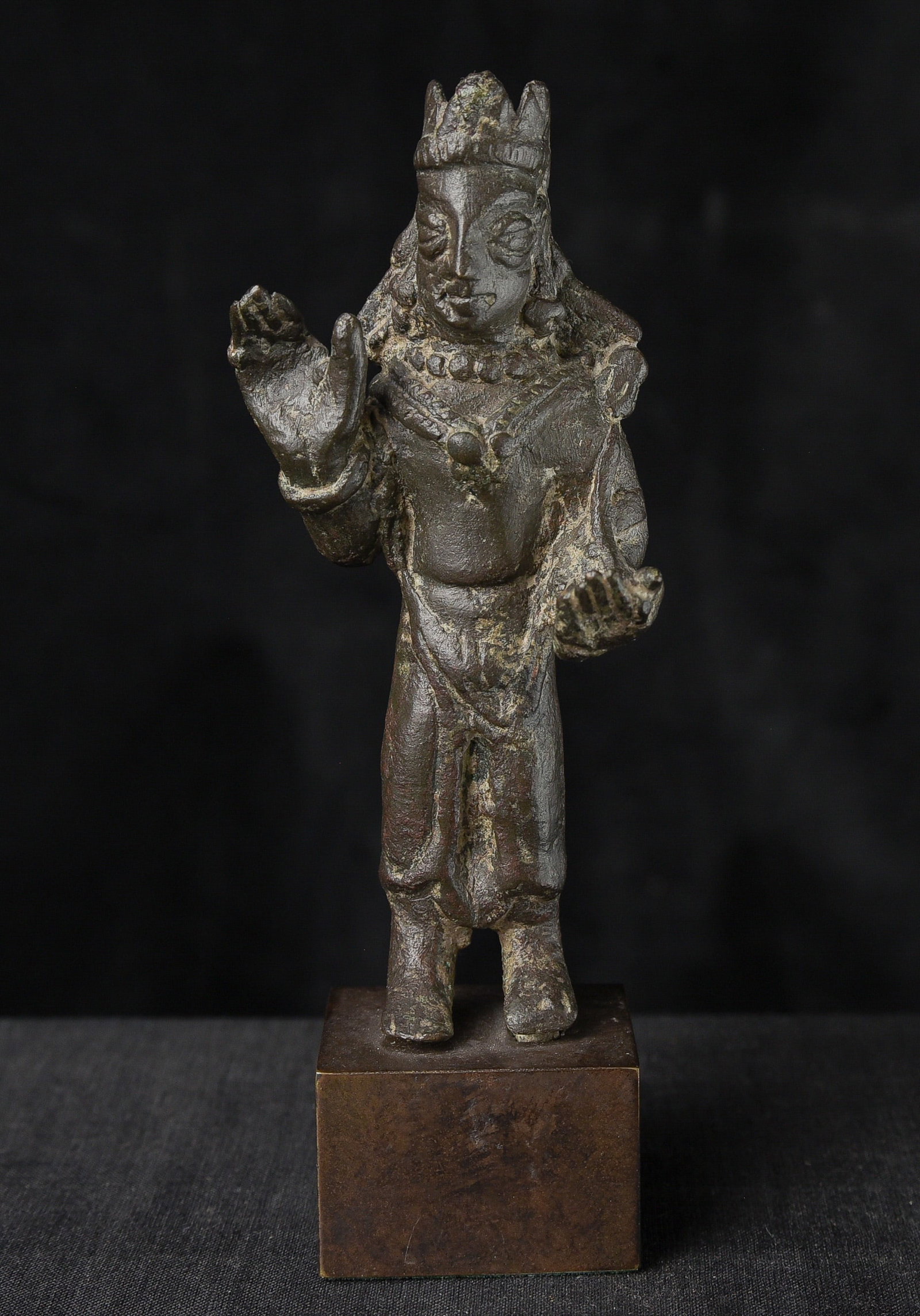 Circa 800 AD -RARE Bronze Buddha/ Bodhisattva, Kashmir, India/Himalayas-1000+ yrs old!: A bronze figure of Buddha Avalokitesvara crowned and bejeweled, Karkota Period, Kashmir, circa 800AD, depicted wearing a three-leaf triangular crown, on a wood plinth. RARE!!!! ( 5.75"H x 2"W x 1.5"D