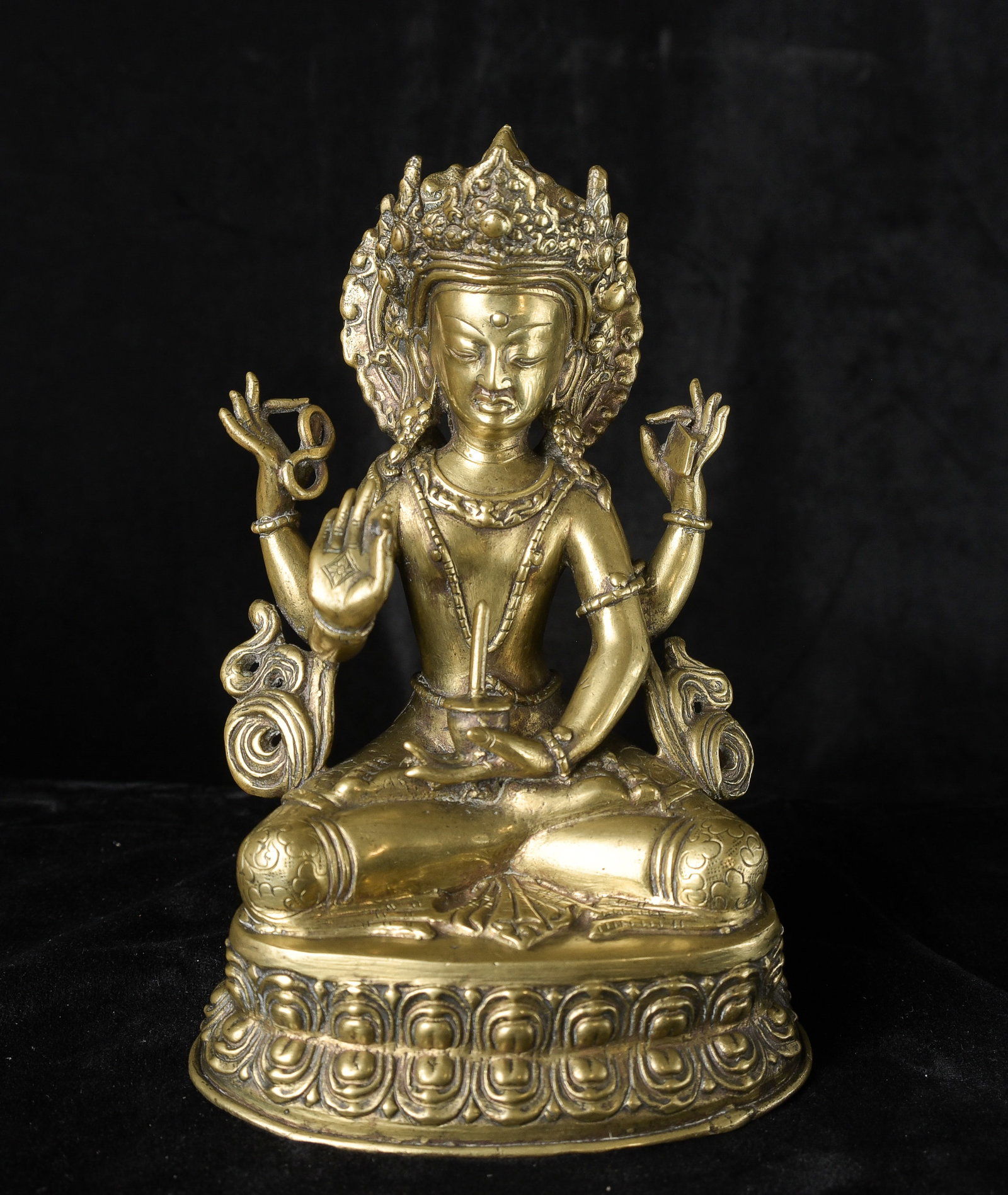 19thC Nepalese Bodhisattva. Exceptional example of his type.: 19thC Nepalese Bodhisattva. An exceptional example of its type. Looks to have had a prayer wheel in his lap. Sits contentedly at 7.5 inches tall.