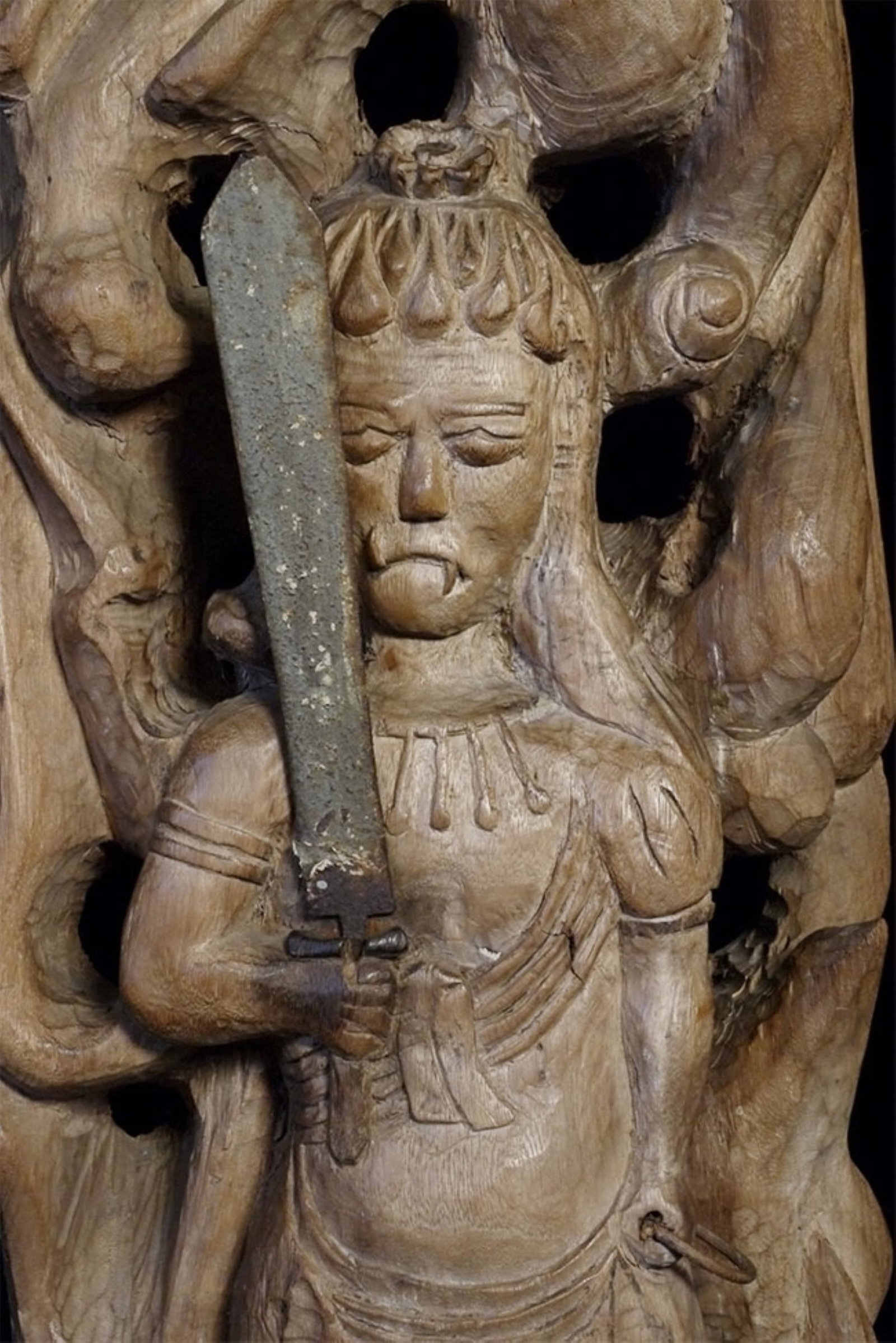 Fudo-16th/17thC Japanese Edo Protective Deity- Large Animated Beautifully Carved Figure.: Wonderful Japanese Edo, carved from one large log. He can protect your home. Great folk art. An impressive 18" tall, approximately 6" x 6" at base. Rare item.