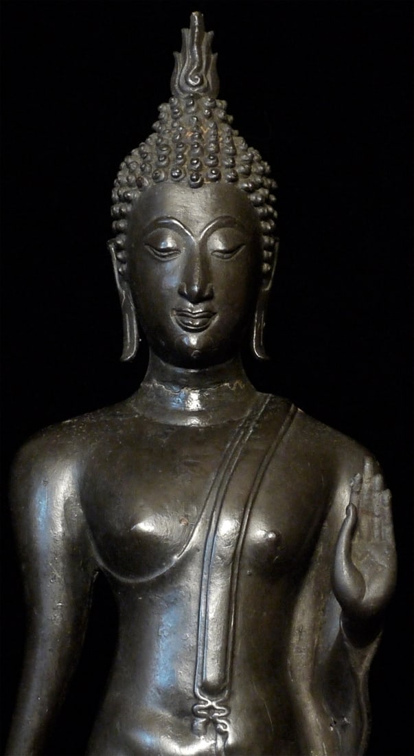 Tall 19thC Sukhothai Style Buddha w/ Base: Beautifully cast 19th to 20thC walking Sukhothai style Buddha. One of the most graceful of all Buddhist forms, this meditation in motion shows Thai sculpture at its pinnacle. The sign on the front of