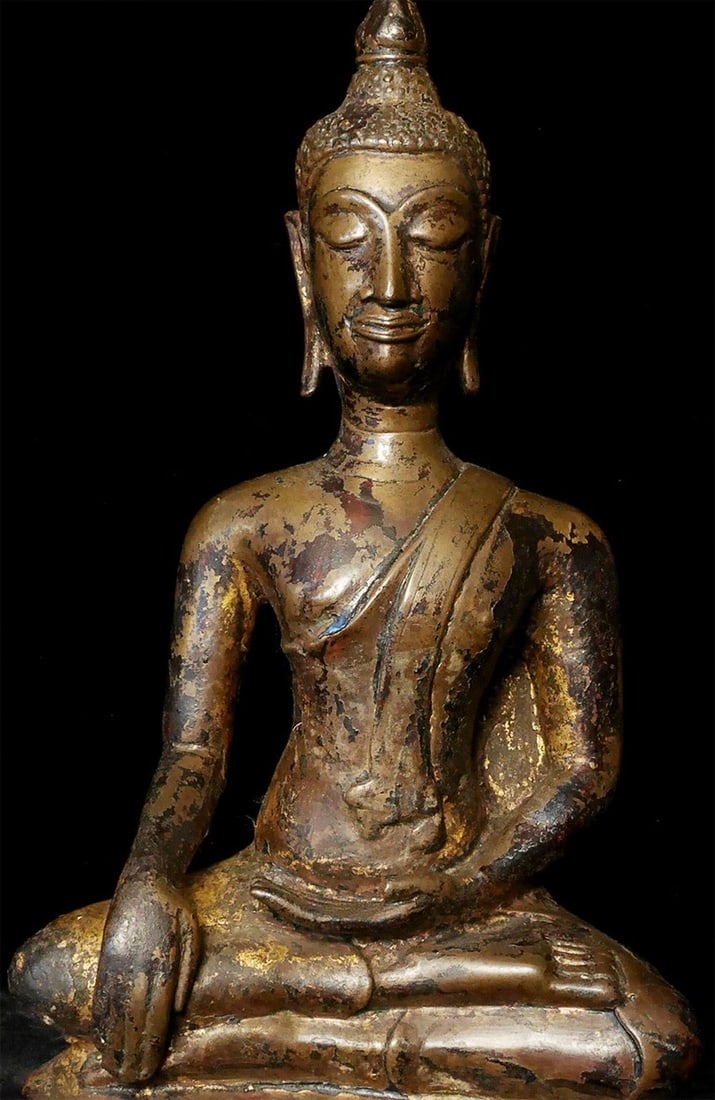 15/16thC Sukhothai Buddha, 11.25" Tall-Beautiful Face-Deeply Serene-Graceful!: The long neck and head give this Sukhothai Buddha a graceful and elegant look. Wonderful smile. 15/16th century. Loss of the original base, which was probably used to make another Buddha during a
