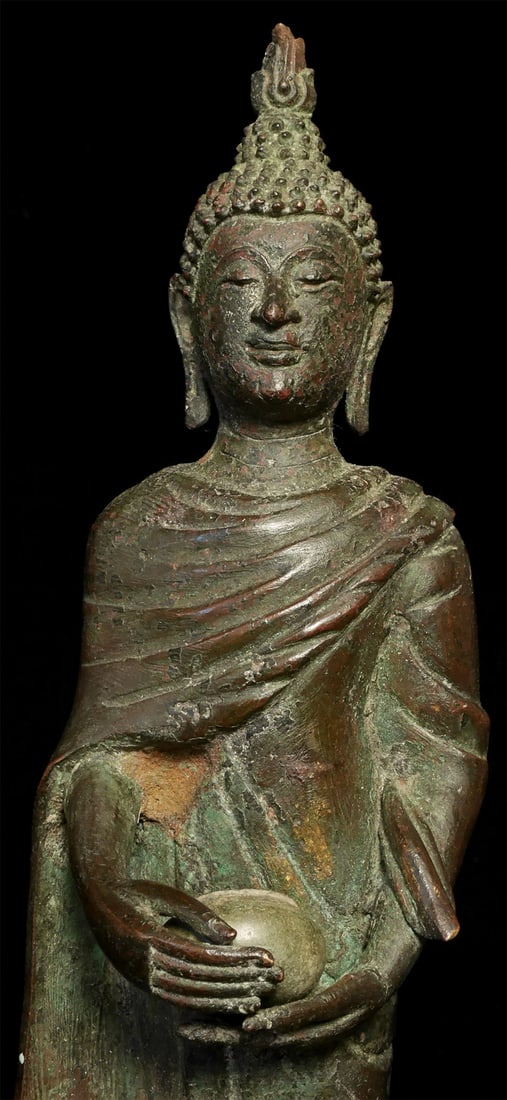 Circa 1900 Thai Bronze Buddha as Monk w begging bowl. Stands11 in, w base13.25 in (1 of 9)