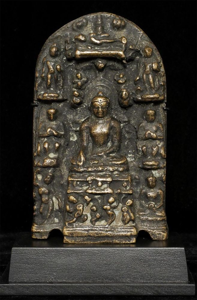 BUDDHA India Bronze, Solid-cast Pala style bronze: BUDDHA India Bronze, Solid-cast Pala style bronze Buddha stele with images from the life of the Buddha. Looks to have significant age, and may be period. Significant wear, but the quality and power