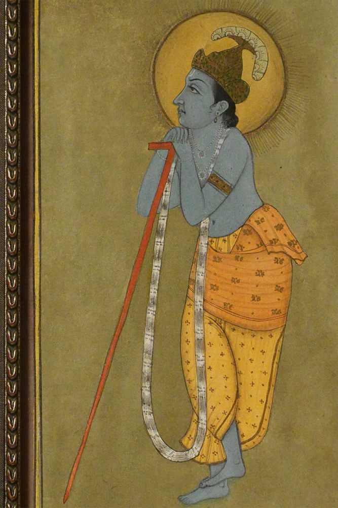 19thC Indian Miniature-Exceptional!: A personal favorite 19thC Indian Miniature. Balance and composition , color, quality of painting are all excellent. Art opening is 4 x 7 inches, frame measures 12 x 17.75 inches, custom mat and