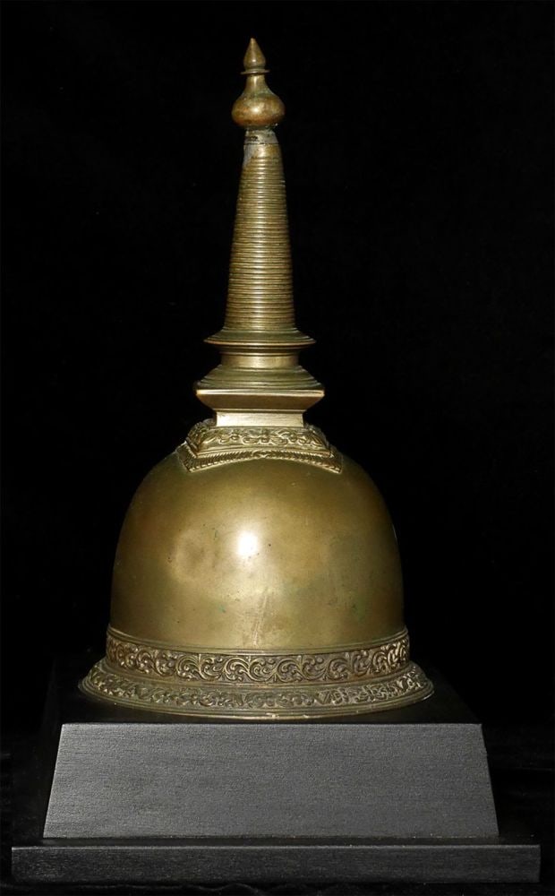 17/18thC or earlier Sri Lankan Stupa- beautiful!: 17/18thC or earlier Sri Lankan Stupa turned bell is 9.75 inches tall, 11.5 inches on custom stand. Clapper (may have been added later) is a bit too long for bell to sit flat, so stand has a