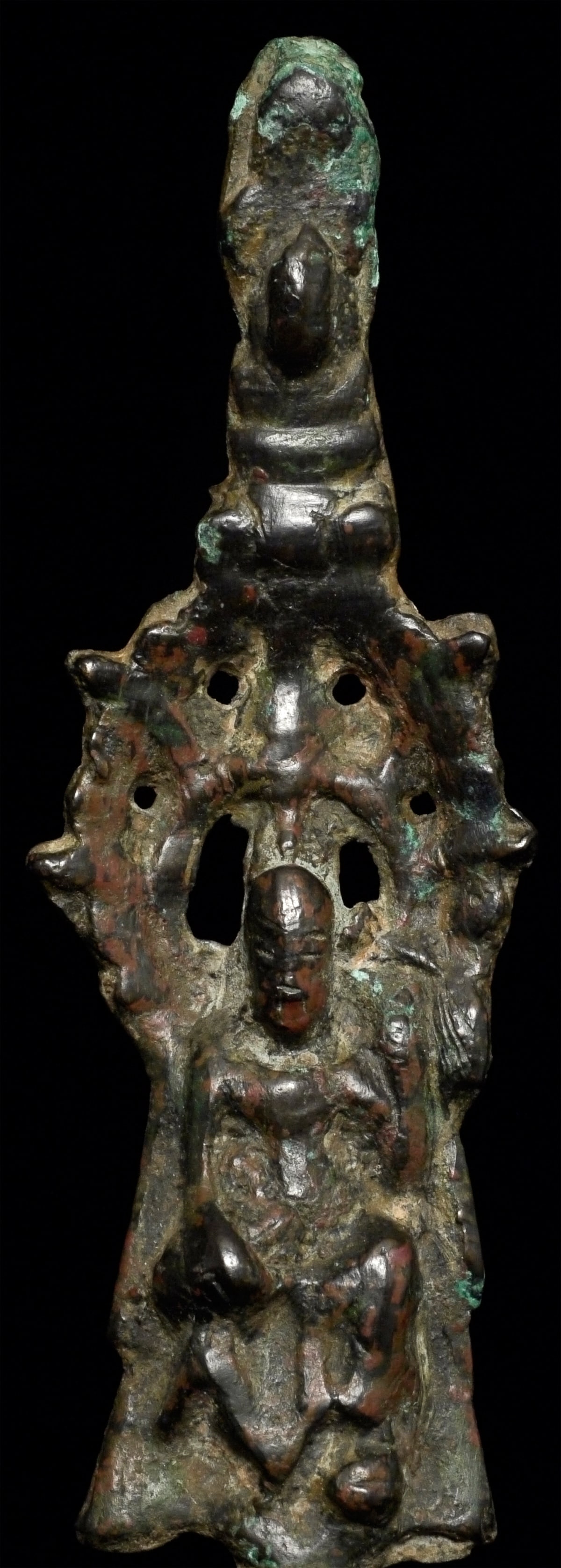 6-8thC Tang Chinese Buddha or Bodhisattva of compassion-Early Bronze: 6-8thC Tang Bodhisattva of compassion (note the Buddha above his head. Sits a good size for its type at 5 7/8 inches tall, 8 inches on a custom stand.Domestic shipping is included, and international