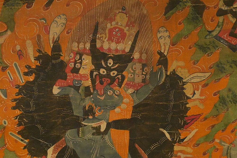 19thC Antique Tibetan Thangka.: 19thC Antique Tibetan Thangka. From large American collection, this piece has nice age, and is a powerful subject that conveys great animation. Some darkening from years of butterfat lamps and