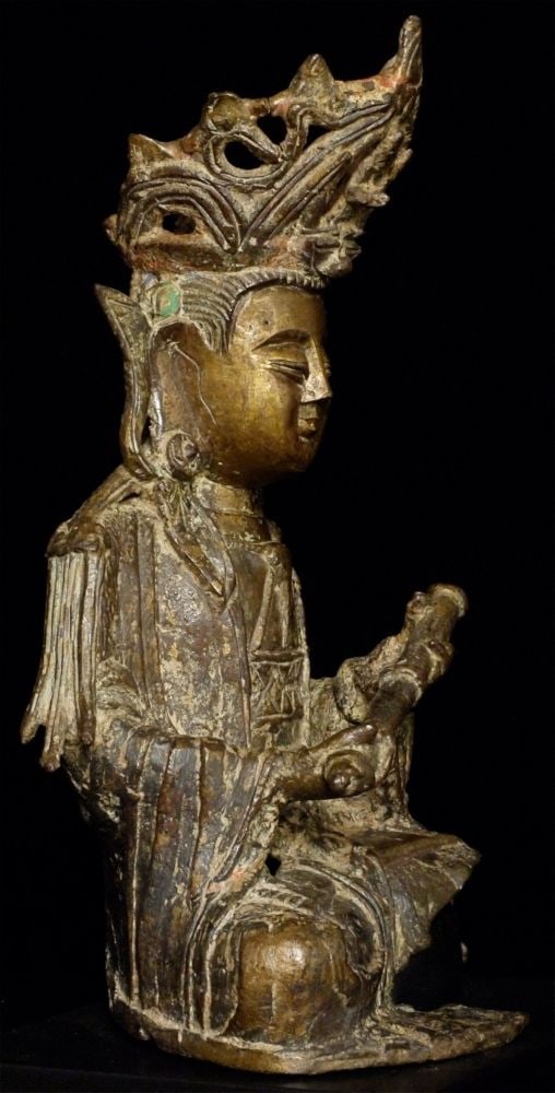 Large Ming Bronze Bodhisattva of Compassion with beautifully rolled scroll.: Large Ming Bronze Bodhisattva of Compassion with beautifully rolled scroll. Probably smashed and burned during the 1960's during the cultural revolution in China, and later resurrected from the
