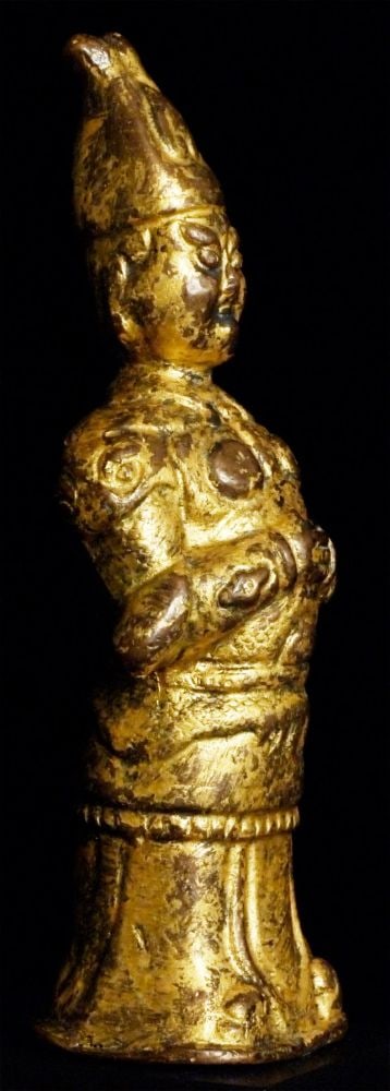 Early Chinese Bronze guardian figure (Tang? Ming?): Early Chinese Bronze guardian figure (Tang? Ming emulation of Tang?). Stands 6.75 inches tall, 7 7/8 inches on custom stand. Domestic shipping is included on this item, and international shipping is