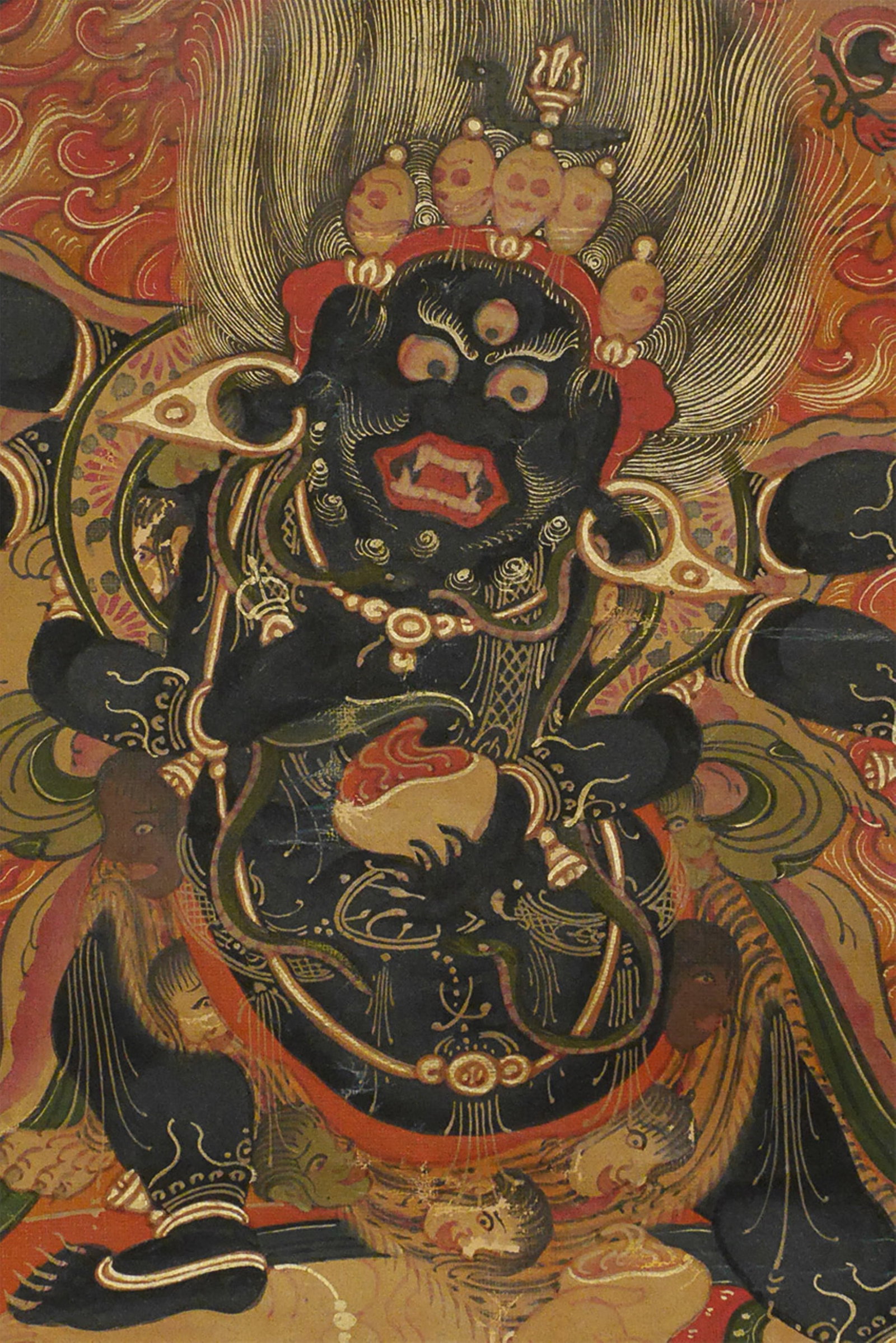 Very fine 18/19thC Tibeto-Chinese /Thangka.- Animated, Precise, Powerful!!!: Very fine 18/19thC Tibeto-Chinese /Thangka. The image is 12.5 by 10 inches, and the cloth frame is 20 by 14 inches. It is animated and filled with energy rarely seen in this type. It's special!
