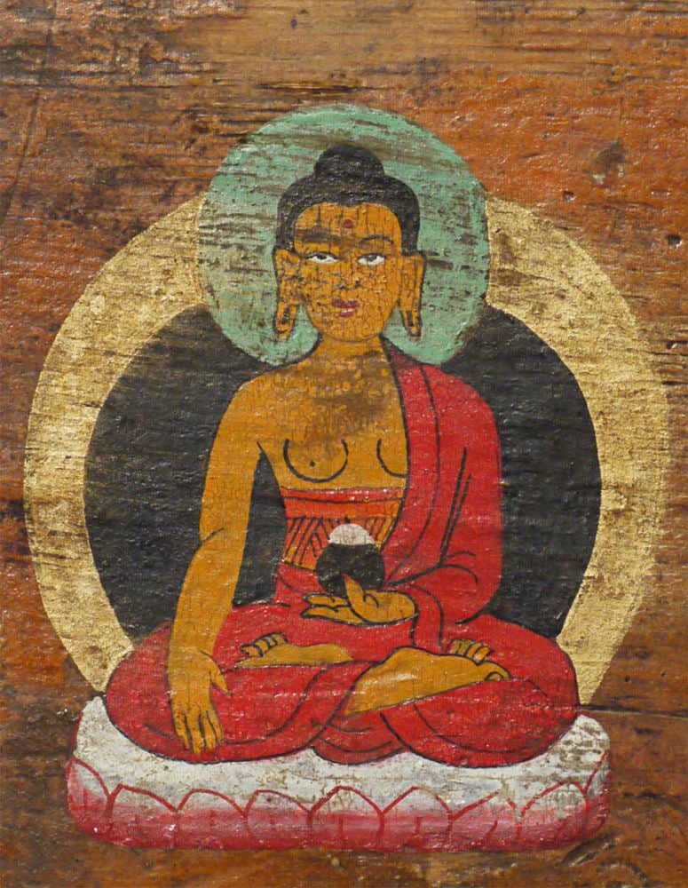 Antique Mongolian Box for holding daily personal Buddhist meditation items. Very special.: Antique Mongolian Box for holding personal meditation implements and for use as a traveling altar, painted with Buddha and animals. measures 7 5/8 x 8 x 5 inches. Purchased from a Mongolian man in