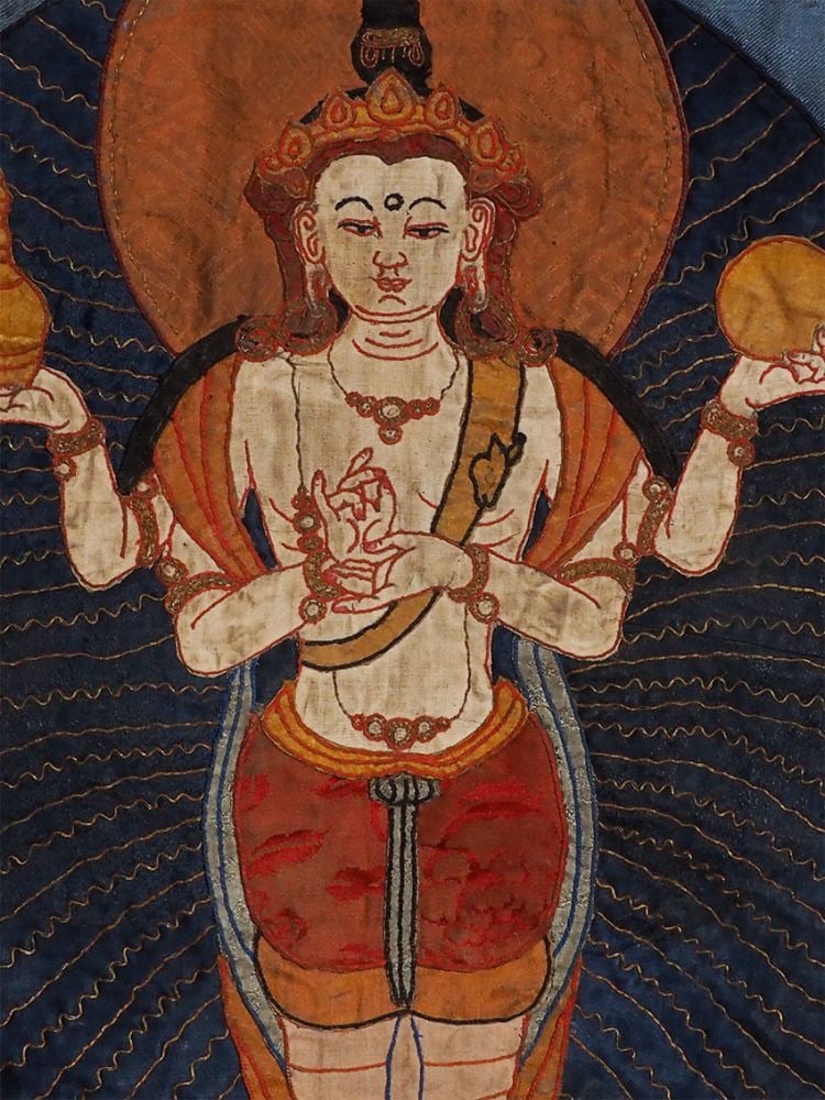 Fine Mongolian applique Thangka.: Fine Mongolian applique Thangka. Probably mid-20th century made with a dozen different types of much older antique silk. Each color of silk has a different pattern and weave. A striking example of