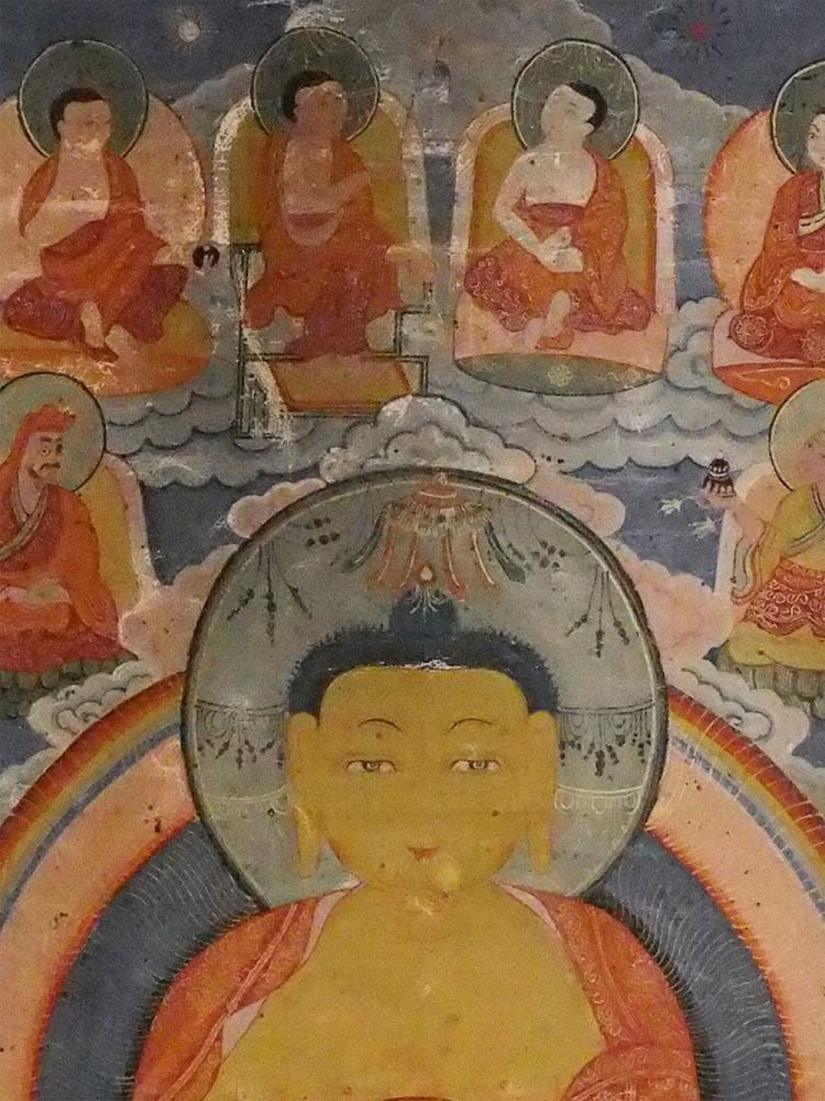 19thC Tibetan Thangka -Very unique look-Personal favorite: Unique antique Tibetan Thangka with a style all its own. Check out the photos- done by the hand of a skillful artist listening to his own inner inspiration. Beautiful colors, faces, and overall