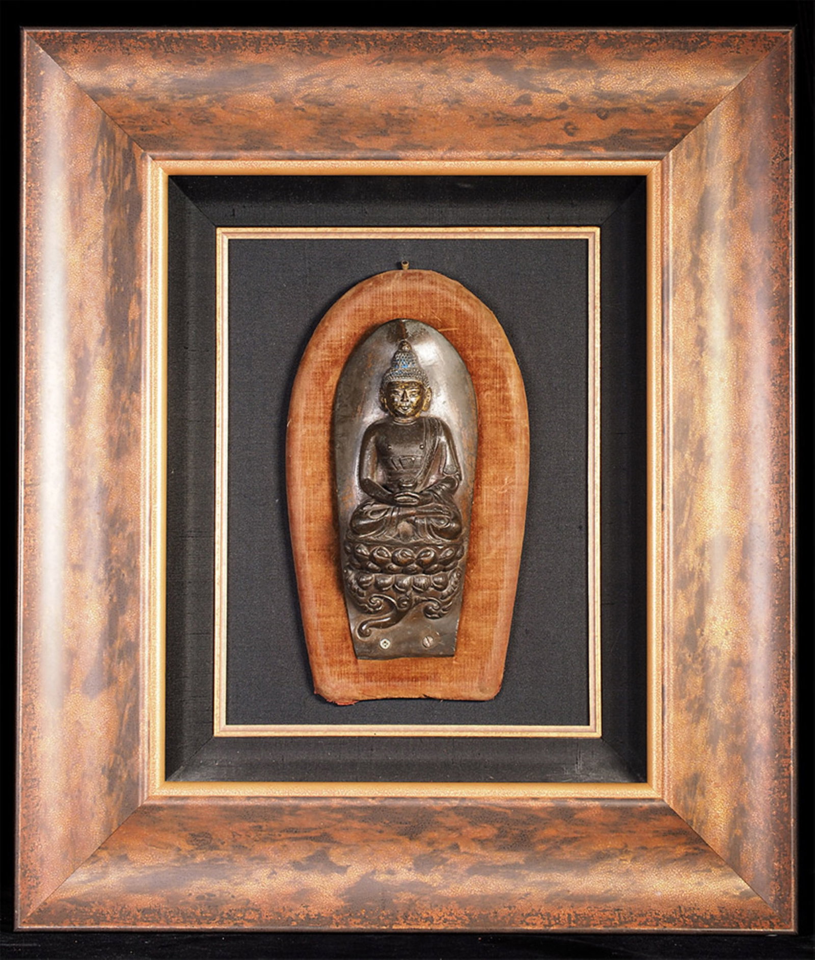 Late 18thC Tibetan Copper Buddha with some parts cast in Bronze- Fine- Original Victorian Frame: Late 18thC Tibetan Copper Buddha with some parts cast out of bronze (bowl, hands, forearms). I have several others of this type gathered over 20 years (see other listings). I saw 2 very closely