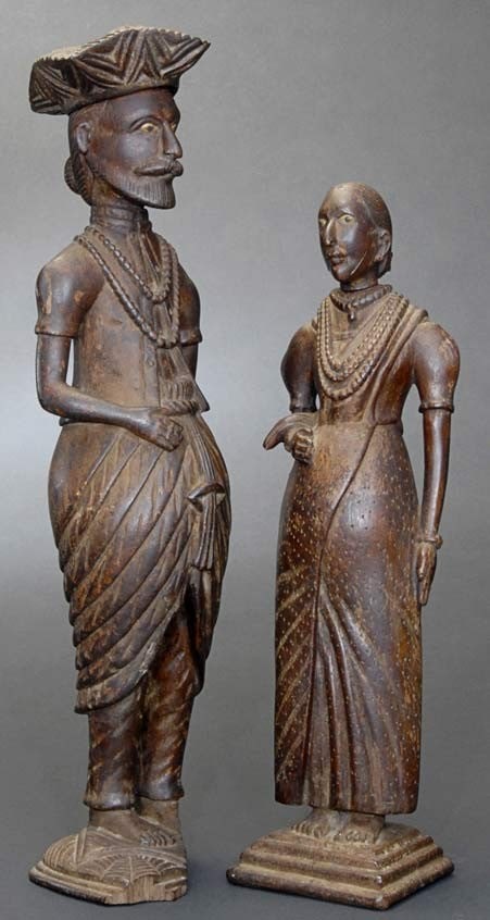 18thC Sri Lanka Portrait Sculptures, Fine Wood Pair-Rare Colonial European-13.25" Tall: 18th/19th Century Sri Lanka portrait sculptures. Made of wood. Measures 13.25" tall at its highest point. I've never encountered any Lankan sculptures which were this realistic and carved with such