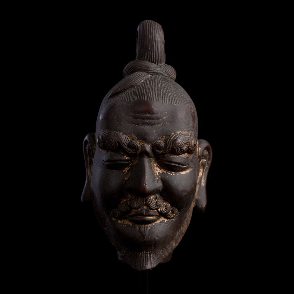 18/19C/earlier Solid-Cast Bronze Head of a Hindu Saddhu- Extremely Fine, remains/Gilding: Rare, intense, and refined solid cast head of (probably) a Saddhu or Hindu holy man from Northern India. Based on the nearly completely worn gilding, nearly black patina, extremely refined work, and