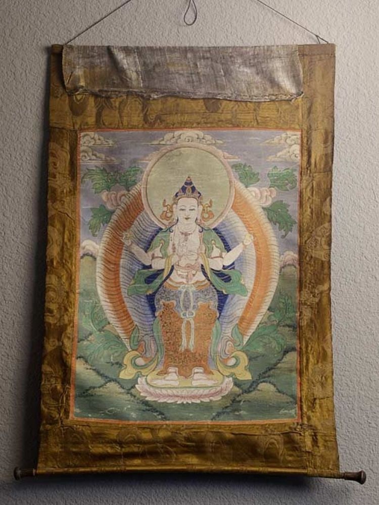 19thC Mongolian Thanka depicting a Bodhisattva-Superb: Elegant and very fine 19th Mongolian Thanka depicts a Bodhisattva of Compassion. It is a deeply spiritual piece. Quality, colors, condition, spiritual feel-it has it all. Original wood dowels (with