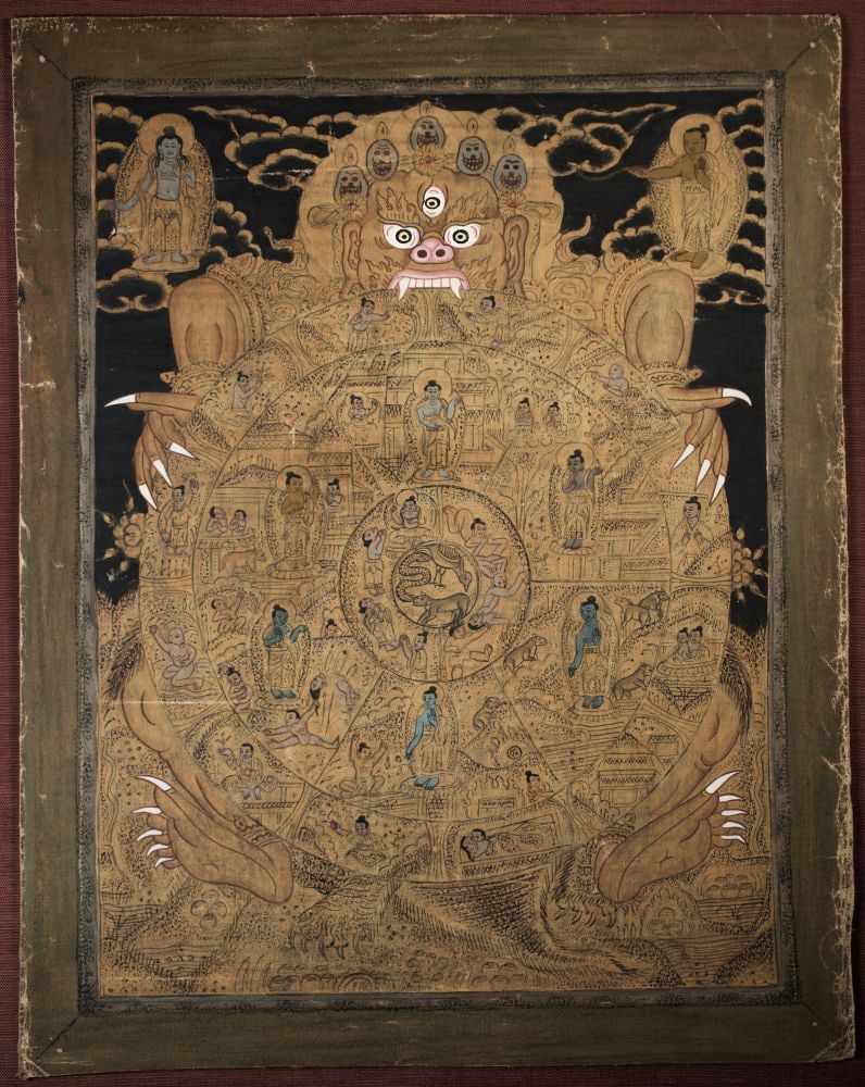 Antique Tibetan Thangka - black ground - intricate, unique. Rare, fine and intense (1 of 9)