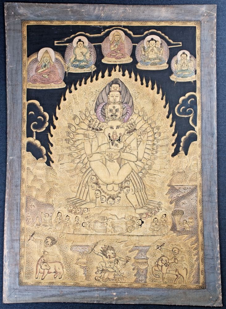 Antique Tibetan Thangka--intricate, - black ground - unique. Quite rare, fine and intense (1 of 10)