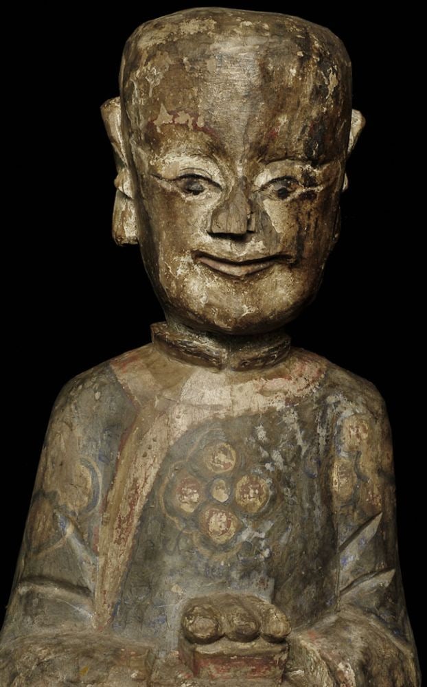 19thC/earlier Large Wood Chinese figure with offering-Superb Face, special.: Delightful antique Chinese figure with offering. Wonderfully gentle and sweet face. Some loss and splits as seen in the photos. Very good size at 23.25 inches tall. A personal favorite