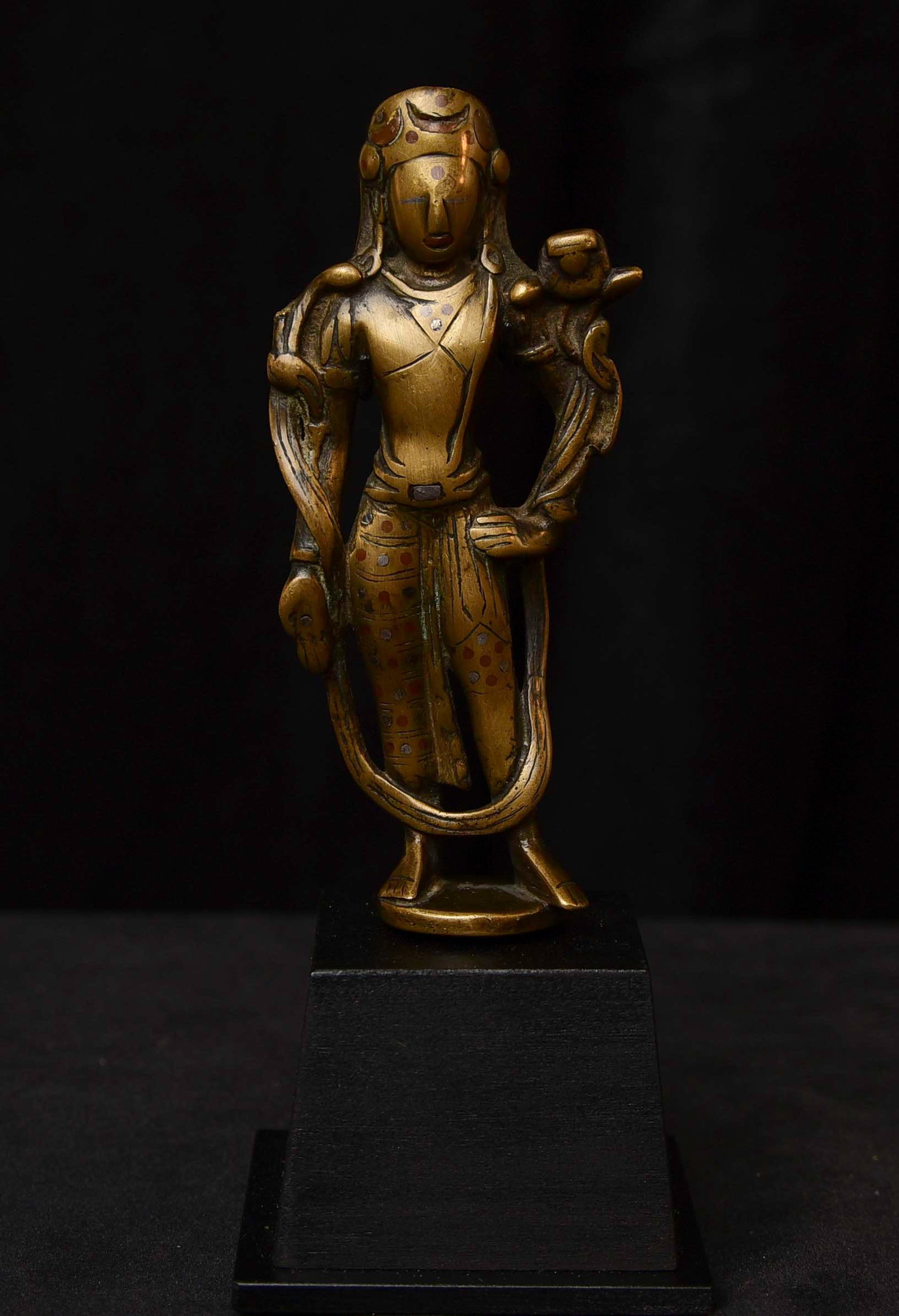 Early-Style Bodhisattva- Inlaid Bronze: Inlaid Bronze Bodhisattva- Possibly Kashmir or other nearby Kingdom, a solid cast of a high-quality alloy. It may have had some re-carving. Zacke, the Austrian Auction House, recently offered a very c