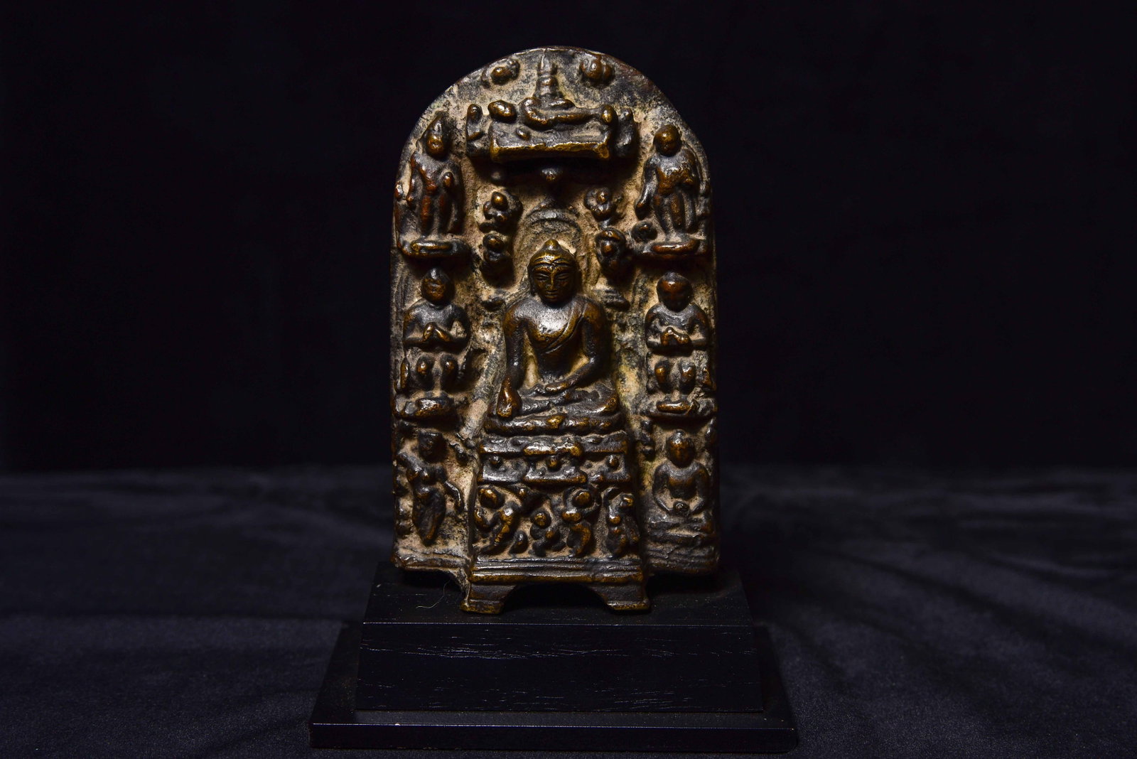 Early India Bronze BUDDHA Stele- 500+ years old.: For your pleasure, we offer a five-inch tall Indian Bronze, Solid-cast Pala-style Buddha stele with the front covered with images from the life of the Buddha. This type is the prototype for the Pagan 