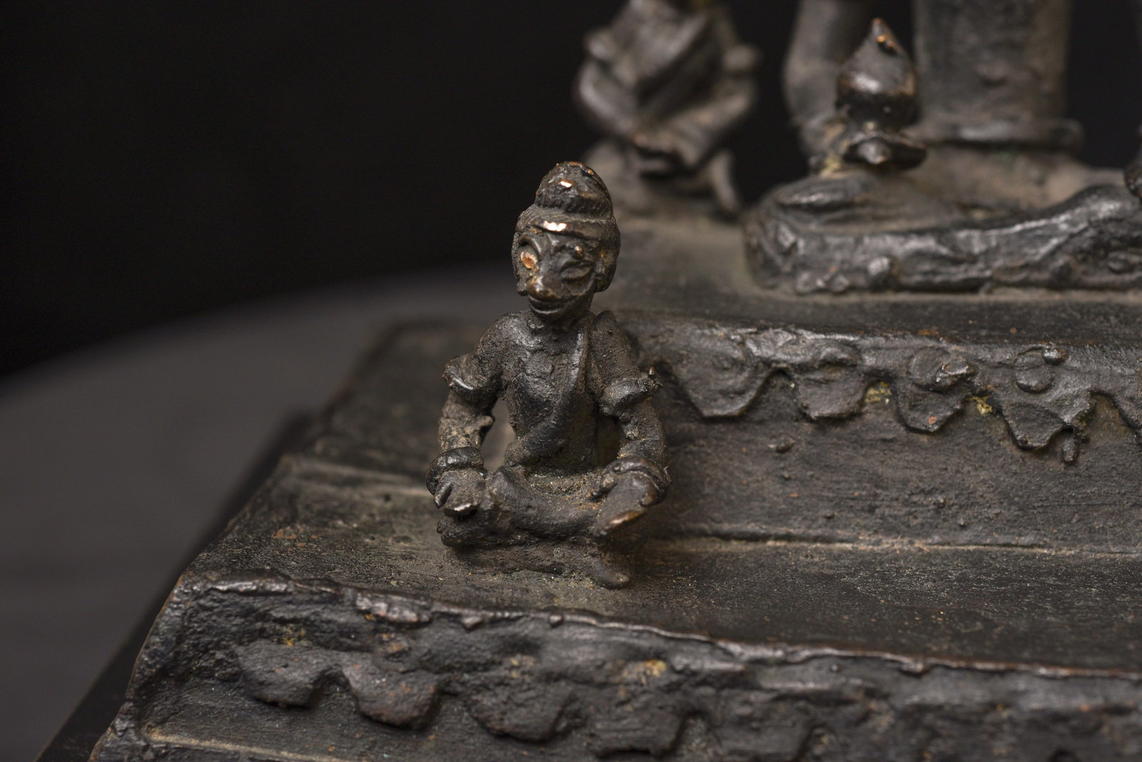 19C/earlier Java bronze Buddha with 4 attendants on large base-Animated, Joyful - 11
