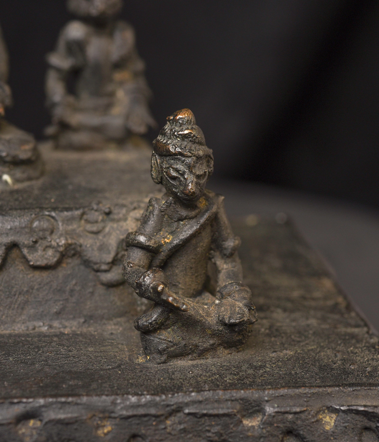 19C/earlier Java bronze Buddha with 4 attendants on large base-Animated, Joyful - 12