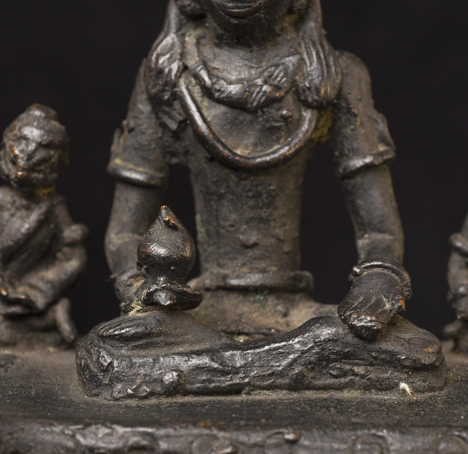 19C/earlier Java bronze Buddha with 4 attendants on large base-Animated, Joyful - 14