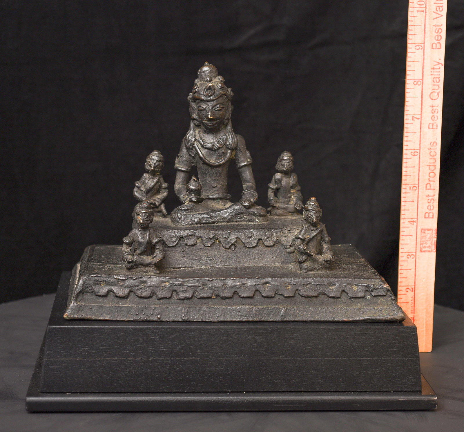 19C/earlier Java bronze Buddha with 4 attendants on large base-Animated, Joyful - 2