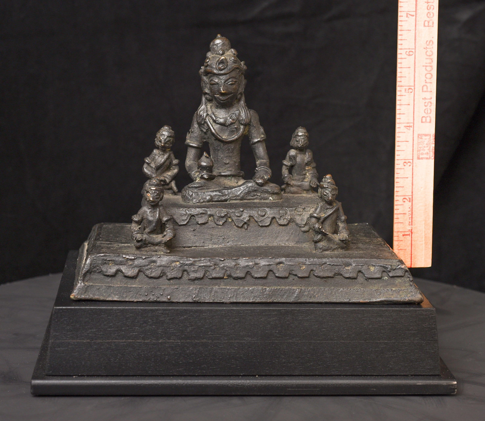 19C/earlier Java bronze Buddha with 4 attendants on large base-Animated, Joyful - 3