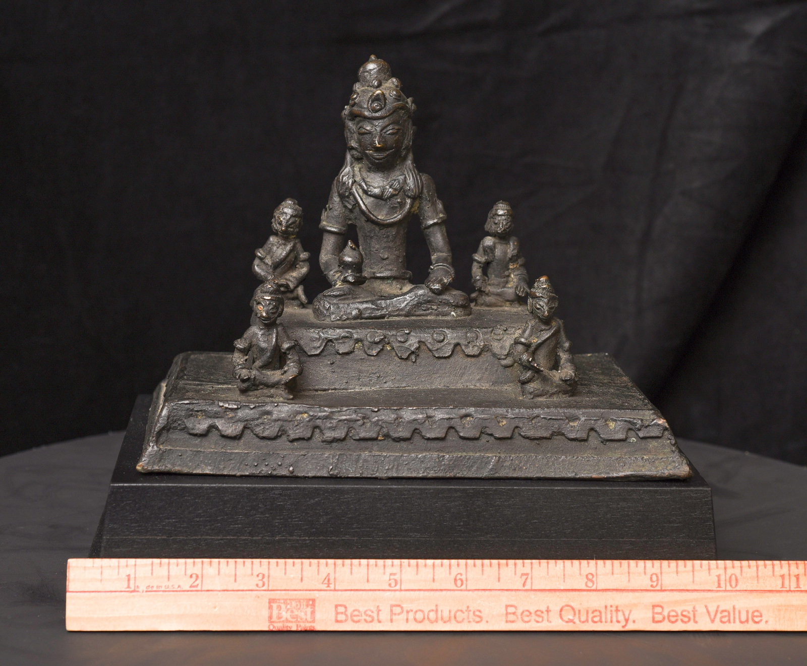 19C/earlier Java bronze Buddha with 4 attendants on large base-Animated, Joyful - 4