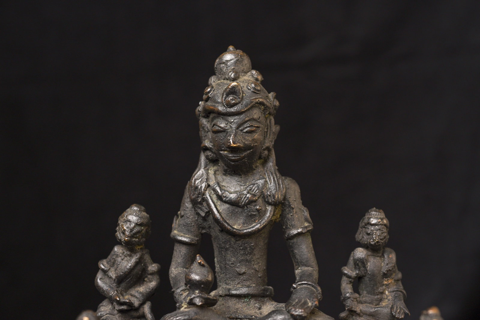 19C/earlier Java bronze Buddha with 4 attendants on large base-Animated, Joyful - 9