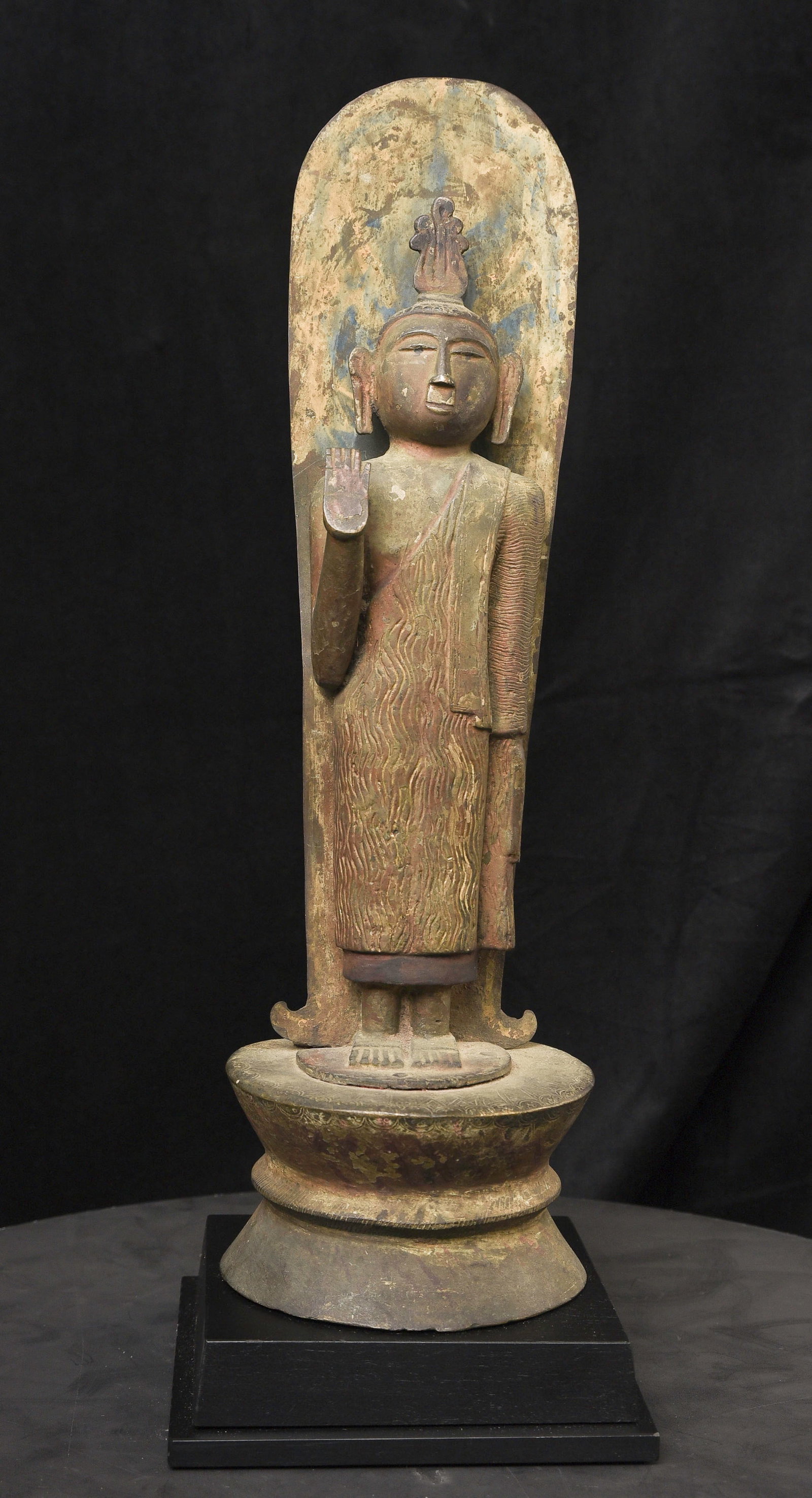 18/19thC Sri Lanka Buddha- Large Standing Bronze Folk Style-Rare!: 18/19th Sri Lankan Buddha- Large Standing Bronze Folk Style, with original back plate and paint. Tremendous personality, uncommon in Lankan Buddhas-Puts a smile on all who see him. Large, and solid