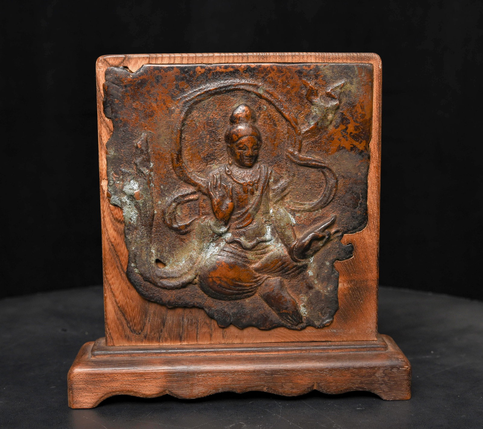 Very early(Tang?) Chinese copper (?) plaque.: Very early(Tang?) Chinese copper (?) plaque. Loss, wear, and surface issues as seen in photos. Beautiful! Measures 6 5/8 inches tall, 6.5 inches at widest point.