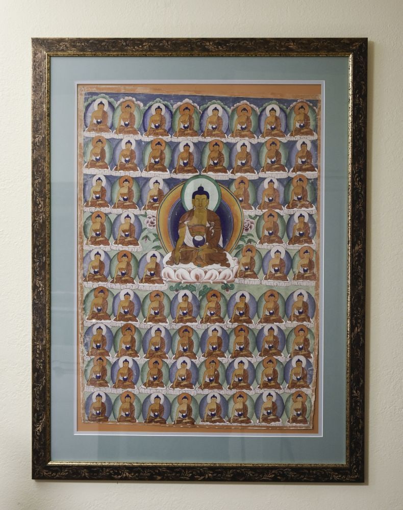 19/20C. Tibetan Thangka- Many Buddhas Bonhams Auction House San Francisco 1990's: 19/20C. Tibetan Thangka- Large, Outstanding!! Perfect frame from a professional frame shop with museum plexiglass due to large size). The framing and mounting perfectly complement- The frame is perfec
