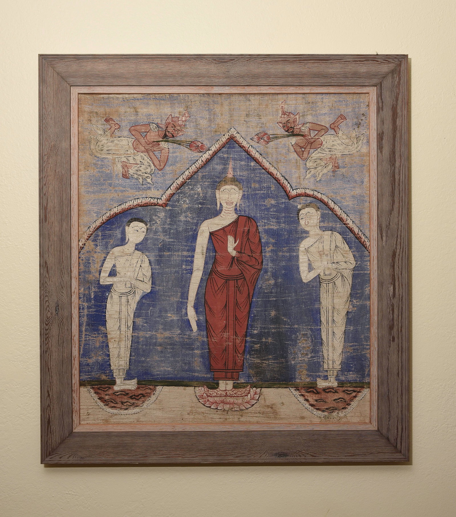 Very beautiful 19thC/20thC Thai painting. Professionally framed.: Very beautiful 19thC to early 20thC Thai painting. These usually do not survive due to the climate of Thailand. Appears to have minor touch up of some of the details, which is usual on old cloth Thai