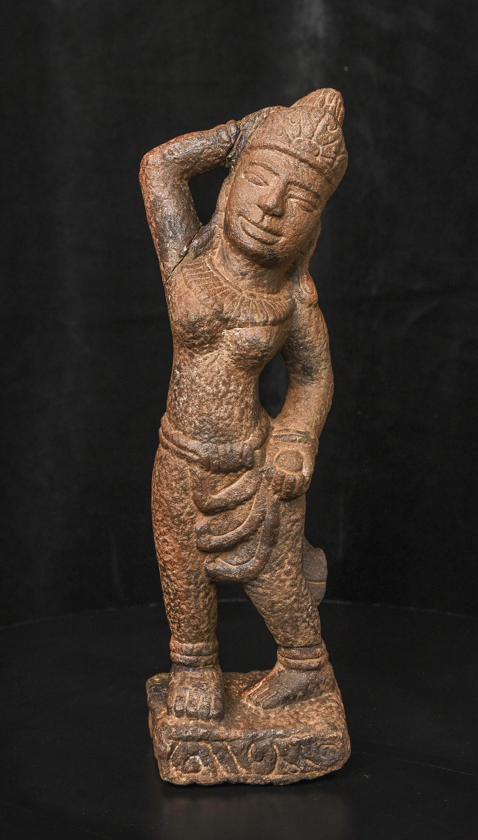 Very special Cham Deity or Apsara in a classic pose. Rare, especially this expressive: Very special Cham Deity or Apsara in a classic pose. This expressive piece has a joyful presence. The face is much friendlier than it would be if it were Cambodian (Khmer), which was contemporary to