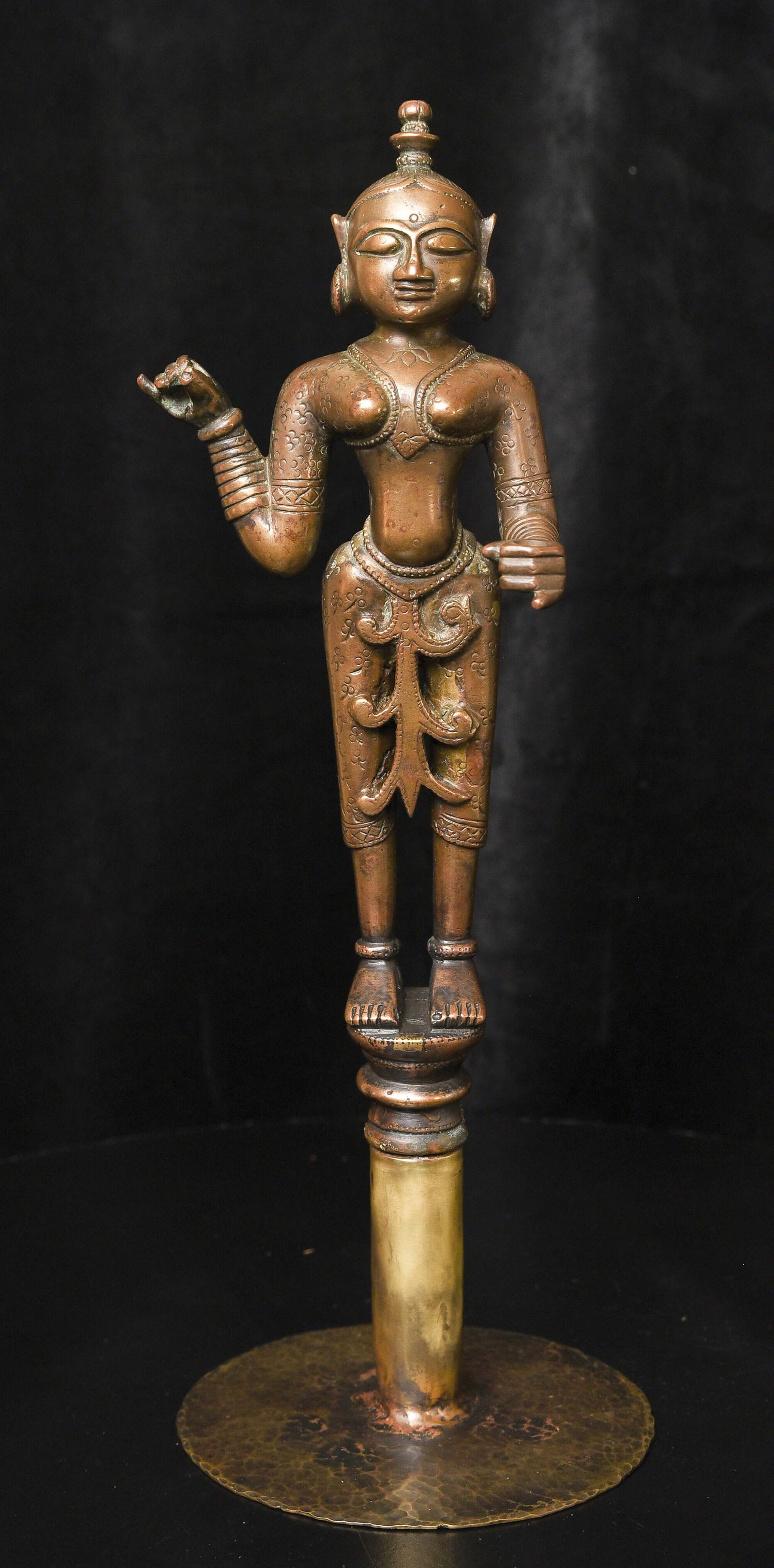 18thC Indian Hindu Bronze-Large, finely cast, custom base made by sculptor: 18thC Indian Hindu Bronze-Large, finely cast, custom base made by California metal sculptor who spent many hours getting the proportions and patina just right. .Head to toe, the height is 9.25. Atop