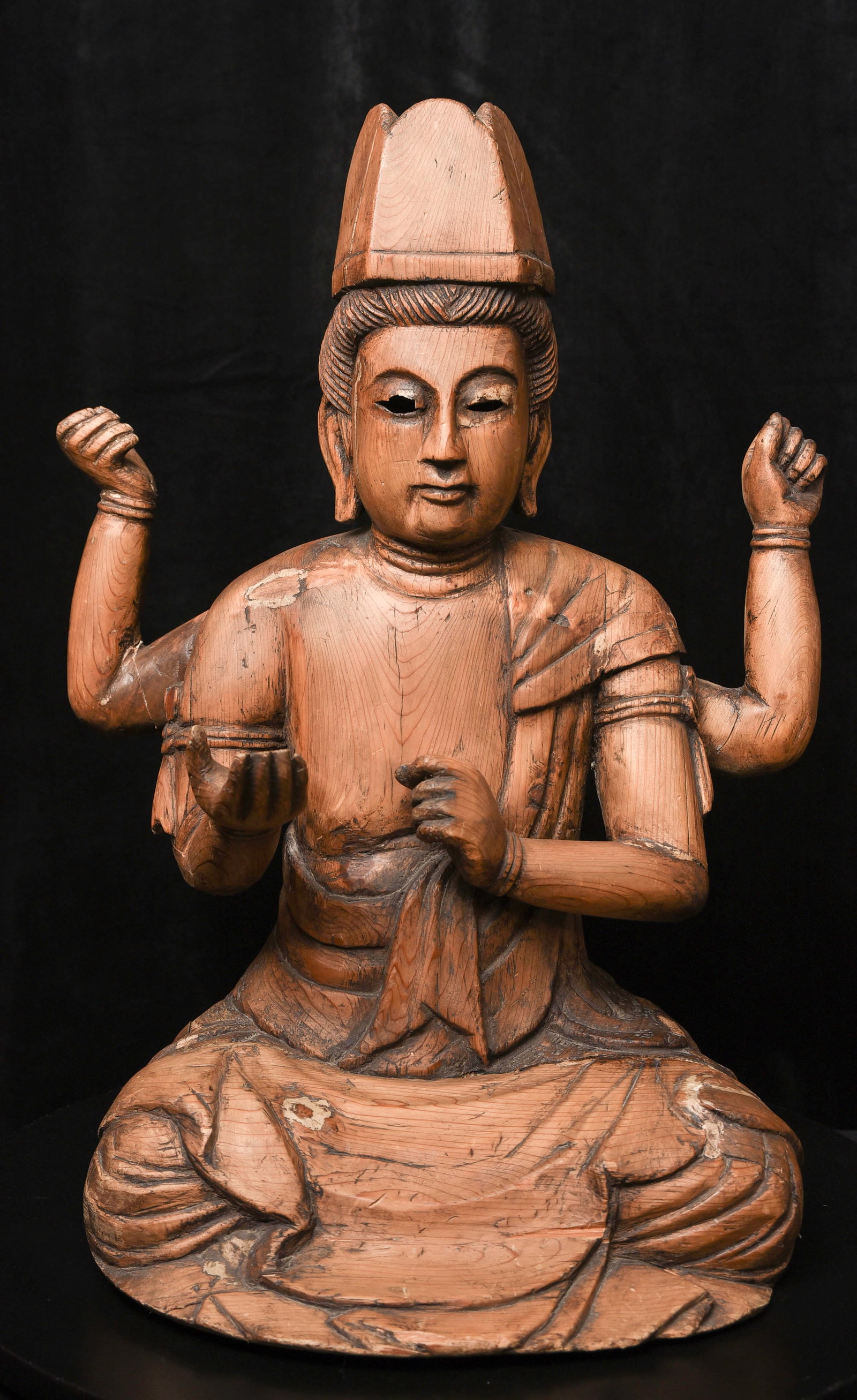 17/18thC Korean or Japanese Tantric Figure- Finely Carved, Four Arm- Quite Large: Quite Large 17/18thC Korea or Japanese Tantric Figure. Superbly carved. Some repairs as seen in photos, along with expected wear and cracking. Original glass eyes wither missing or inside the hollow