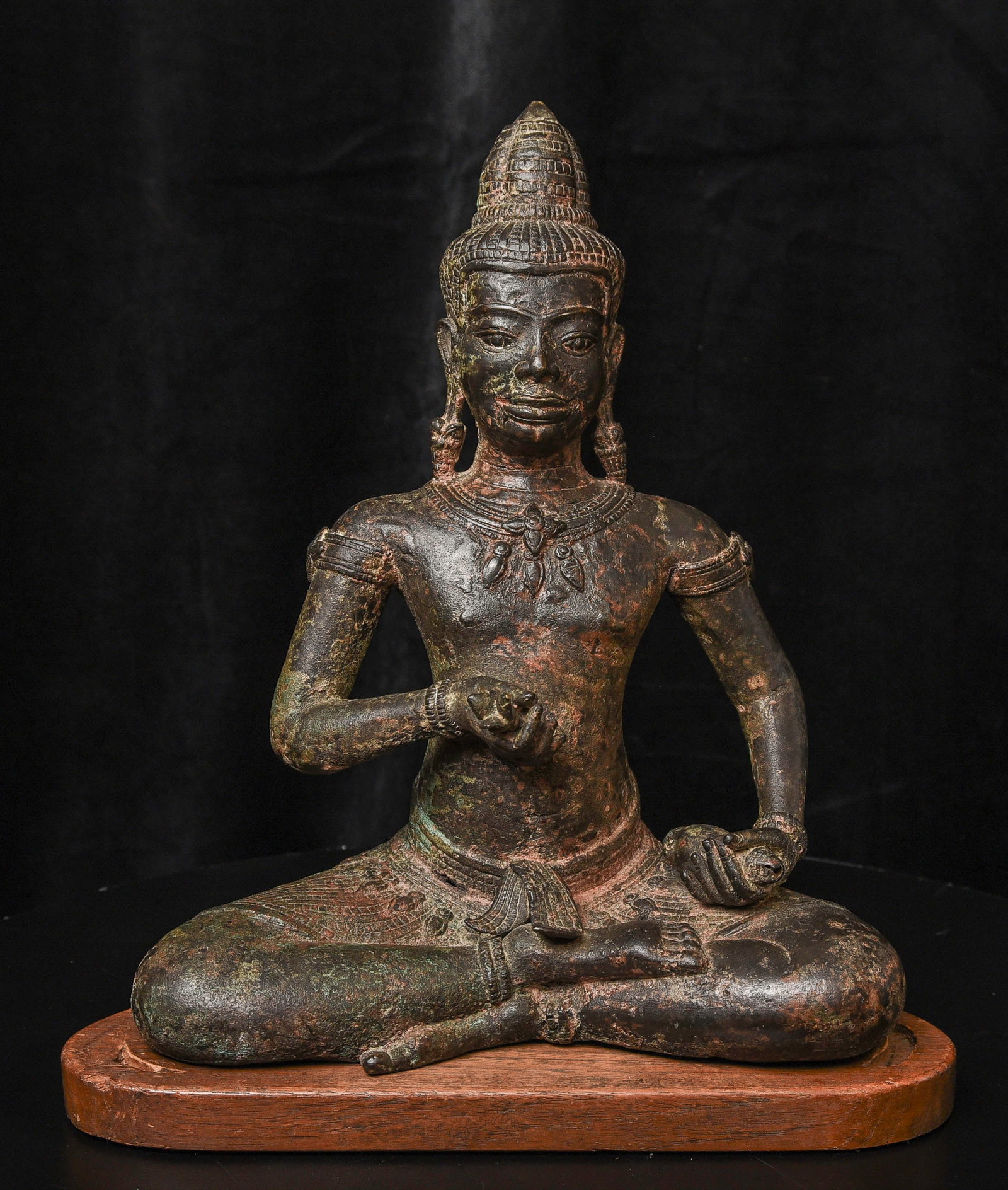 Antique Cambodian 13thC Style Bronze Buddha. Large, Animated: Cambodian bronze Buddha in the 13th-century style. He appears to be a genuine antique, though I am not assigning a firm date and leave that determination to the buyer. I have kept him in a place of ho