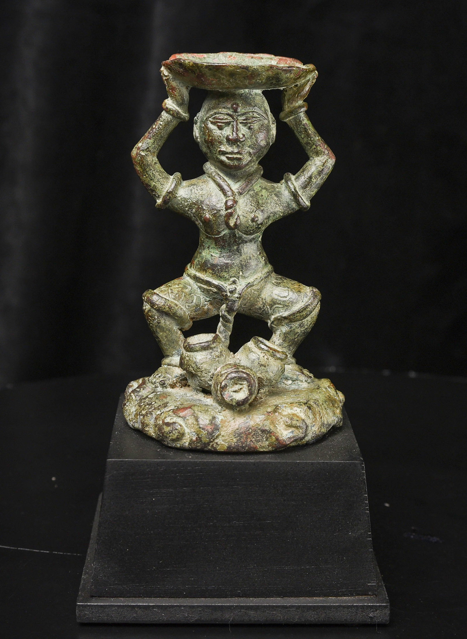 16thC Bronze Bali (Hindu?) Figure with Offering Plate-Best Lost Wax Casting: Very rare 16thC Bali bronze figure holding an offering plate on his head. Full of character! Museum quality sculpting and casting. Long time personal favorite -I used this for piece for almost 25