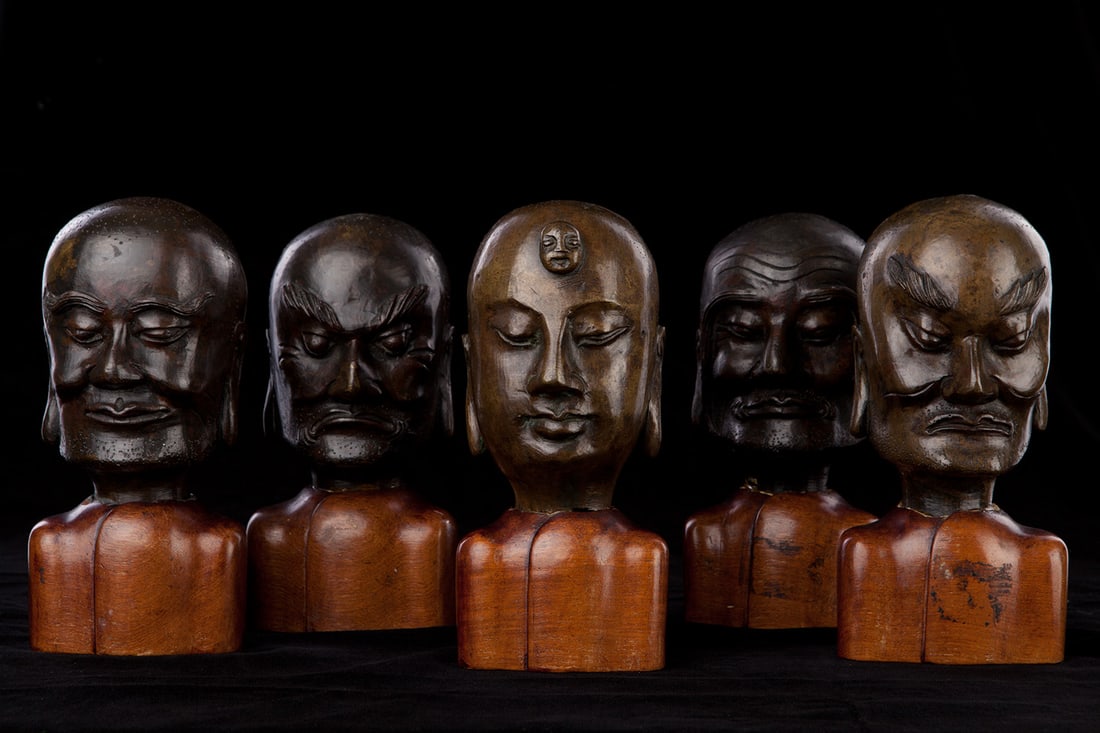 Five Chinese Bronze Lohan Heads (Ming/Early Qing), Expressive and Well Cast: Set of Five 17th/18th Century (or Earlier) Bronze Lohan Heads. A rare and beautifully cast group of five Lohan (Arhat) heads, dating to the 17th/18th century or earlier. Each head measures approximate