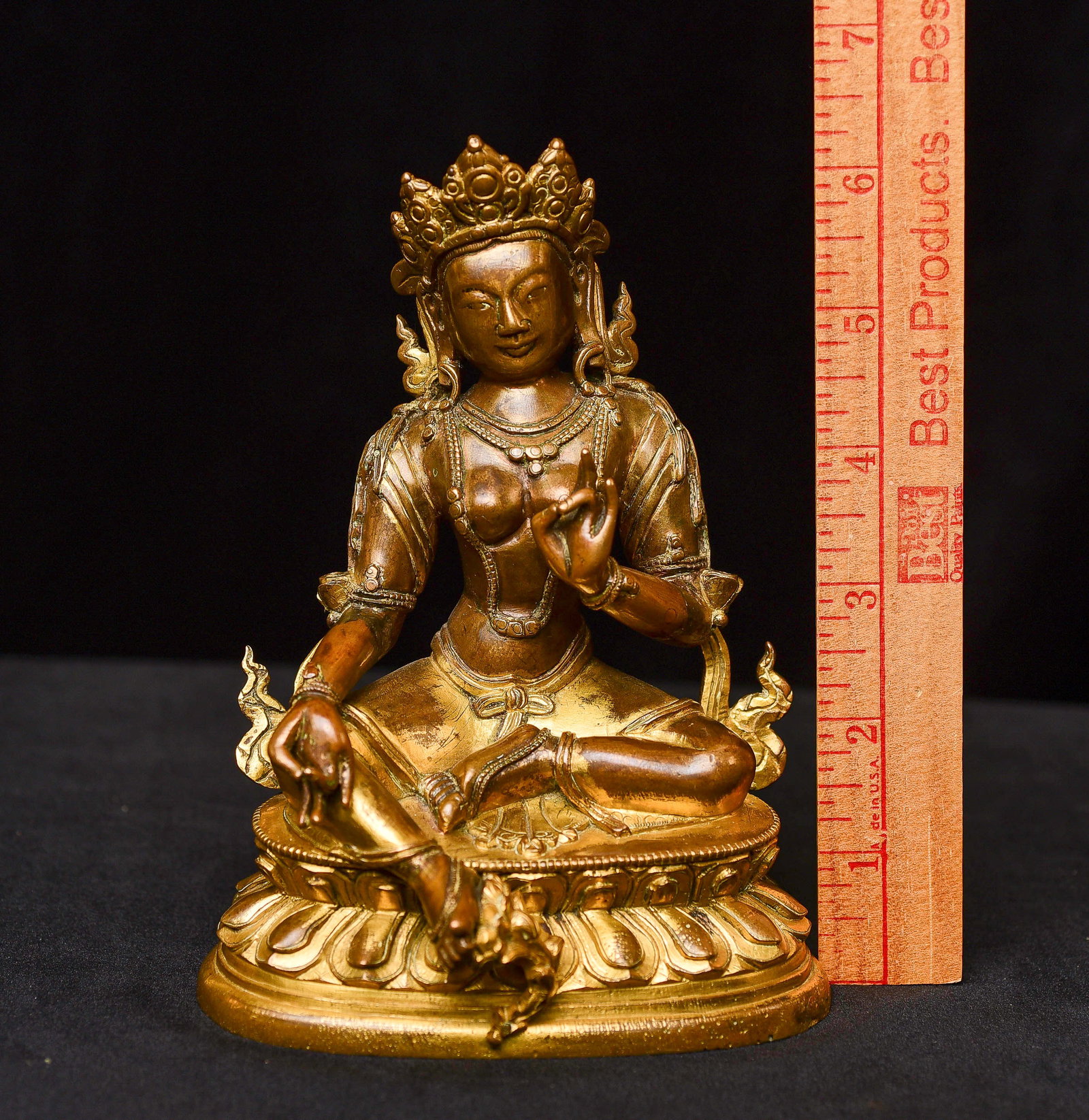 17th/18thC Heavy Tibetan Bodhisattva. Finest Semi-Gilt, Precious.: Very Fine 17th/18th Century Heavy Tibetan Bodhisattva. This exceptionally fine 17th/18th century Tibetan Bodhisattva is distinguished by its remarkable weight, density, and the soft, luminous glow of 