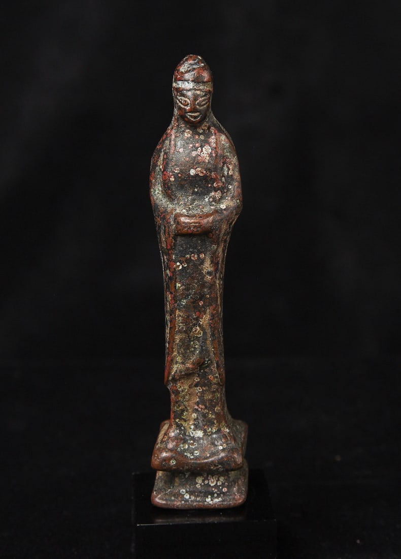 Liao style Chinese bronze: Liao style Chinese bronze Buddhabut more recent-unusual scratched-in face) Standing thin Buddha or Buddhist figure. It measures 3.75" tall and 6" tall (approx) with its custom base. ( 3.875"H x .75"