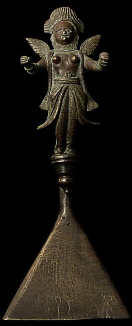 Antique Asian Bronze Angel: This bronze angel stands on its custom base for a total height of 10.5" . Bottom of the base measures 3 7/8" square. Unsure of origin. Looks to have good age.