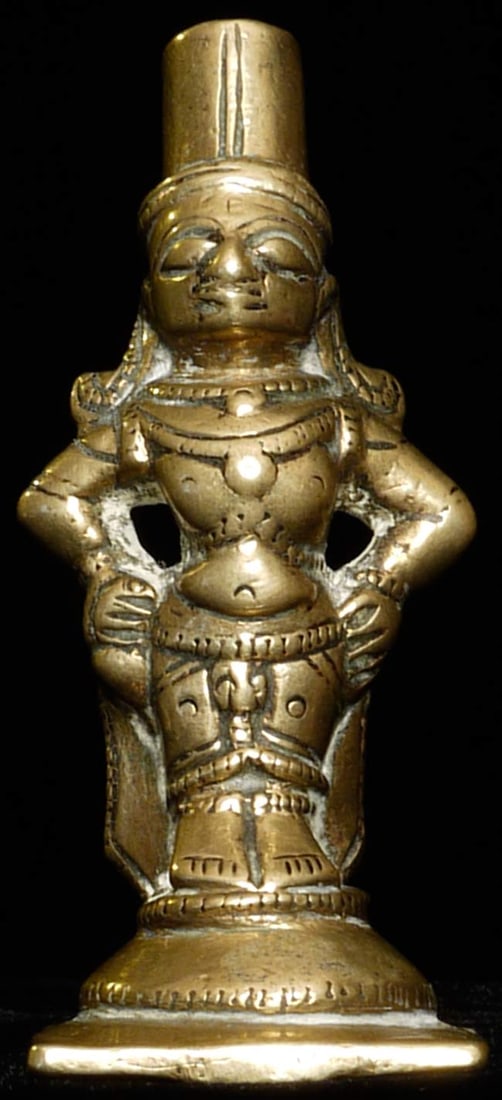 An unusually, unique 18/19th century Southern Indian: An unusually, unique 18/19th century Southern Indian figure with strong poise. This piece is 3” tall and its bottom squared base at 1.25” Deep discount.