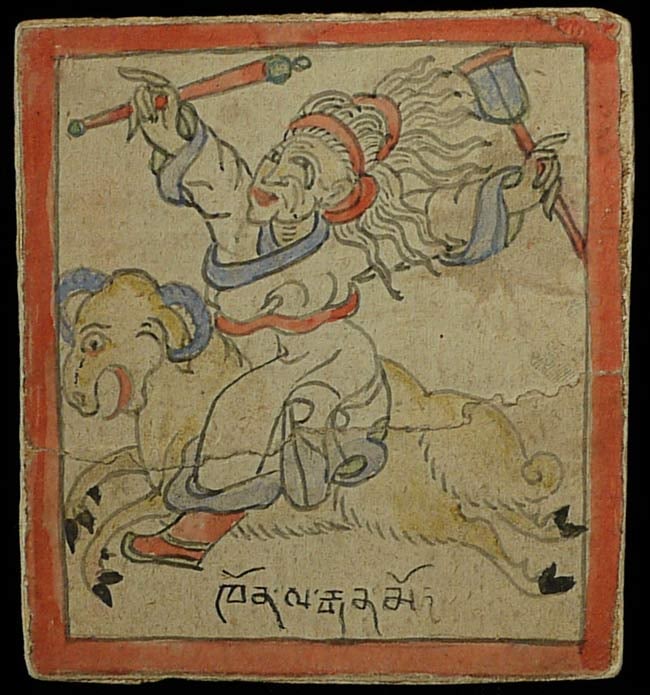 Unusual Old Mongolian Painting affixed to a: Unusual Old Mongolian Painting affixed to a cardboard-like material. 3.25" x 3"