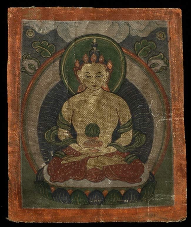 Well painted Antique Mongolian Small Thangka is 3 3/8": Well painted Antique Mongolian Small Thangka is 3 3/8" x 2 7/8". Some of the paint is metallic and did not photograph well.